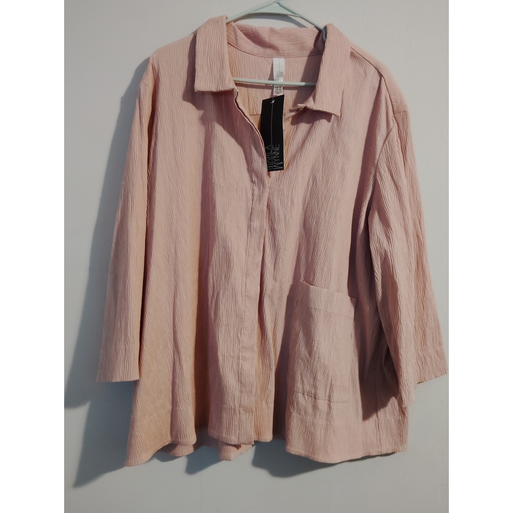 MarlaWynne Womens 2X Peach Textured Crinkle Button Down Shirt NWT 3/4 Sleeve Top